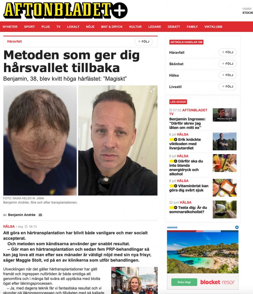An excerpt from Aftonbladet where a man shows his hair
